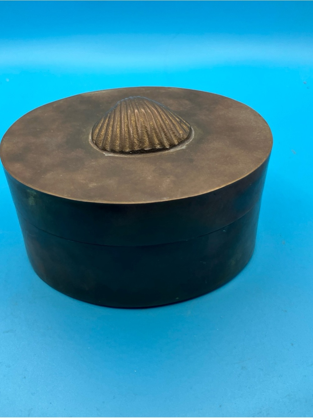 Decorative Round Metal Accent Box with Shell Motif - Bronze